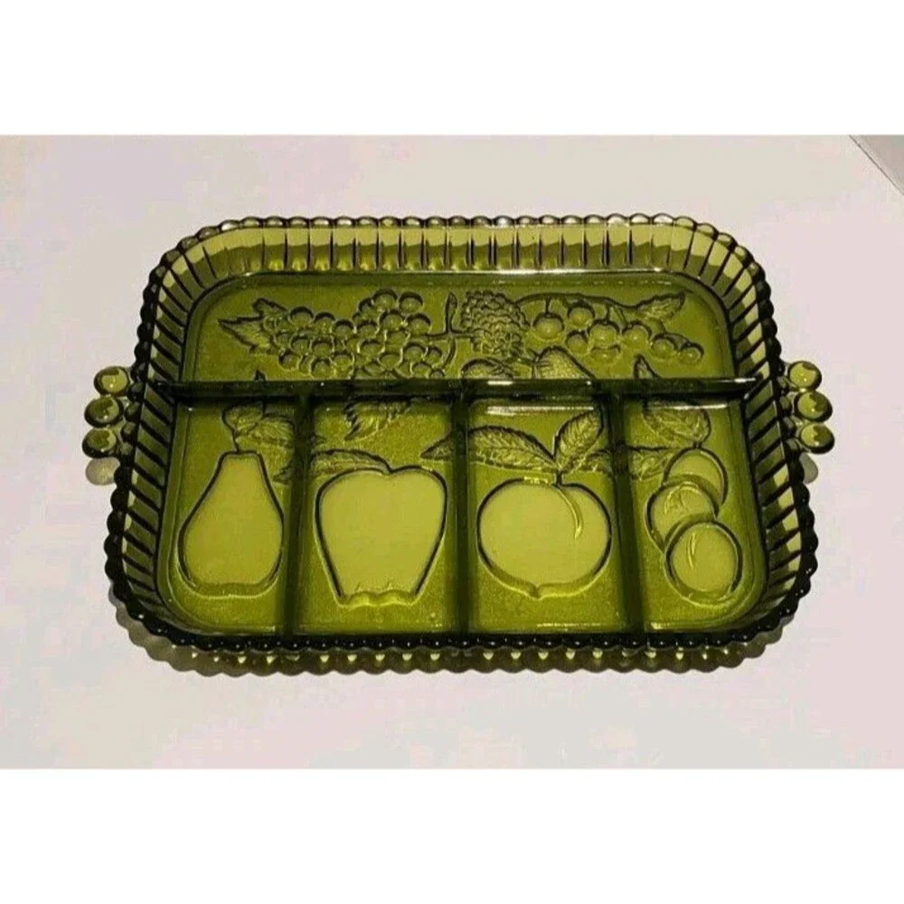 Green Indiana Glass Divided Serving Rectangular Tray 5 Compartments Fruits Vtg
